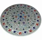 36" White Marble Side Semi Precious Stones Inlay Work Home Decor Table Top