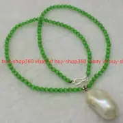 Natural 4mm Green Opal Cat's Eye Gem White Baroque Pearl Pendant Necklace 20"