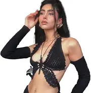 [Generic] Butterfly Crop Tops for Women Sexy Halter V Neck Crochet Camisole Vest Lace Up Knit Tank Bikini Outfit for Dance Black