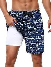 [bolukets] Swimming Trunks for Men with Compression Liner 7 Inch 2 in 1 Breathable Swimming Shorts with Zip Pockets Men Elastic Board Shorts with Drawstring
