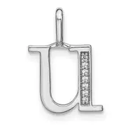 14K White Gold Real Diamond Lower Case Letter U Initial Pendant