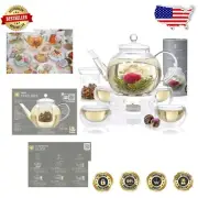 Exquisite Tea Time Celebration Set with 40 oz Teapot, 4 Cups & 12 Blooming Teas