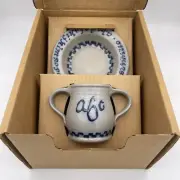 Rowe Pottery Childs ABC 123 Alphabet Double Handled Cup & Bowl Salt Glaze 1991