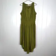 Elie Elie Tahari Olive Green Smocked Waist Lined with Button Front Dress SZ L