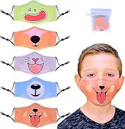 Pack of 5 Kids Face Mask Set - Children’s 3 Layer Washable Reusable and Adjustable Fit Cotton Mouth Cover Unisex| Cute Animal Faces and Personalized Children Face Mask | Mesh Laundry Bag Included