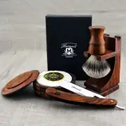 Barber Wooden Shaving Kit Cut Throat Straight Razor Synthetic Silver Tip Brush