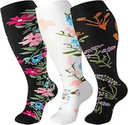 bropite 3 Pairs Plus Size Compression Socks Extra Wide Calf Women&Men 20-30mmHg Support Dancing Cycling Running Climbing, Blackflower Plus, XX-Large, Blackflower Plus, XX-Large
