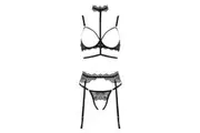 Muse PL010BLK Seductive Black Lace 4-Piece Set: Open Cup Bust, Crotchless Bottom, Garter Belt, and Neck to Waist Harness