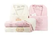 CONCETTI DI LUSSO Anna Turkish Luxury Robe and Towel Set. (Cream/Light Rose)