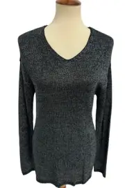 Van Heusen Women's Long Sleeve Black Silver Sparkly V-Neck Sweater Size M