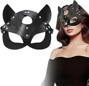 Fox Mask for Women Black Sexy Leather Cat Mask Half Face with Rivets Buckle Attachment Masquerade for Props, Halloween, Party, Night Club, Cat, Fox