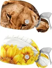 [WOSHJIUK] Working Hat 2 Pack Scrub Caps for Women,Women Animals Two Lion,Tie Back Cap Adjustable Scrub Hat