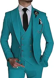 [JEShifangjiusu] 3 Pieces Tuxedo Blazer for Men 1 Button Elegant Slim Fit Single Breasted for Prom Wedding Party Stylish Suit Dress Set Vest Pants, Blue2, XS