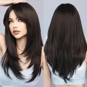Long Natural Black Wig with Bangs Straight Wigs for Women,Heat Resistant Laye...