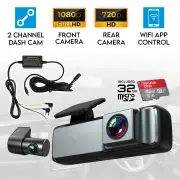 Elinz Dual Lens No Screen Dash Cam 1080P+720P WiFi App Control Supercapacitor Compact Discreet Car DVR 32GB Hardwire Kit