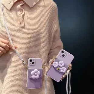 紫色花朵零錢卡包適用三星s23ultra手機殼F52新款s10+斜挎s20fe背帶s21plus掛繩Note20/9/8小眾清新5g女潮p軟