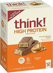 Think! Protein Bars, High Protein Snacks, Gluten Free, Sugar Free Energy Bar with Whey Protein Isolate, Creamy Peanut Butter, Nutrition Bars without Artificial Sweeteners, 2.1 Oz (12 Count)
