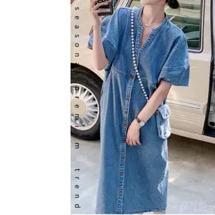 【AKARA】訂製390g工藝丹寧水洗牛仔排扣連身裙洋裝
