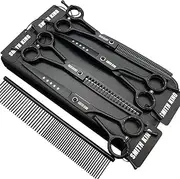 7.0 inches Professional Dog Grooming Scissors Set Straight & thinning & Curved & chunkers & comb 5pcs in 1 Set for left-handed & right handed Black