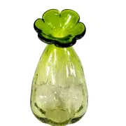 Green Bubble Glass Flower Vase, Daisy Bloom, 11" Floral Decor Handblown Vintage