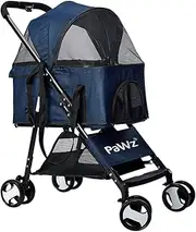 PaWz Large Pet Stroller - Dog Cat Carrier Pushchair, Foldable Pram 4 Wheels Blue, Detachable Design Baby Pet Stroller, Removable and Washable Padded