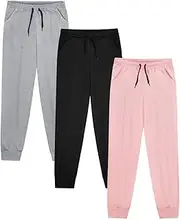 [VOGRYE] 3 Pack: Girls' Dry-Fit Jogger Sweatpants Soft Active Athletic Kids Joggers with Pockets & Drawstring, Light Gray, Gray, Pink, 5 Years