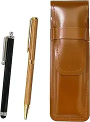 Slim Cowhide Leather Pen Case Brown Touch Pen and 368 Wooden Axis Hard Maple Rotating Ballpoint Pen Set T23-ASC708-368