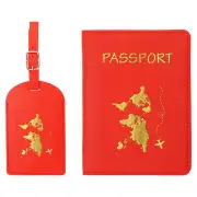 Passport Cover Holder and Luggage Tag Set PU Suitcase Identifier, Red