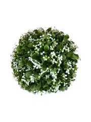 W&C Artificial Boxwood Topiary Ball With White Blooms -The Lane, 17 in, UV Rated