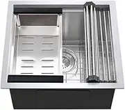 Simplus 45x45CM Handmade Stainless Steel Kitchen Sink Basin Laundry Workstation Single Bowl with Cutting Board,Grid & Strainer Silver