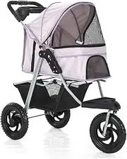 3 Wheels Dog Pram Stroller for Medium Small Dogs with Large Wheels, Pet Stroller for Cats/Dogs Pushchair Carrier Dog Strollers Foldable Cart with Cup Holder, Loading 55 Ibs(Pink)
