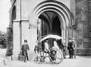 Steam Tricycle 1888 Ninventor Lucius D Copeland Demonstrating His Steam Tricycle Known As The Phaeton Moto-Cycle Outside The North Entrance of The Smithsonian Institution in Washington DC 1888 Riding