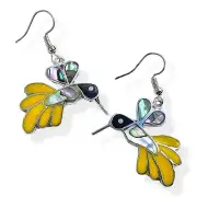 Abalone Shell Inlay Hummingbird Earrings Silver Plated Yellow Mexican Jewellery