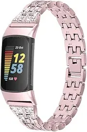 Compatible with Fitbit Charge 5 Strap Stainless Steel Metal Bling Rhinestone Sport Replacement Wrist Strap Wristband Bracelet for Fitbit Charge 5 Silver Rose Gold Black, Small/Large, Metal