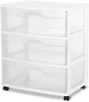 [Sterilite] 29308001 Wide 3 Drawer Cart, White Frame with Clear Drawers and Black Casters, 1-Pack