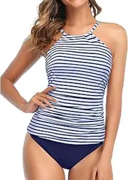 [Tempt Me] Two Piece Tankini Swimsuit for Women High Neck Ruched Tummy Control Top with Bottom Bathing Suits