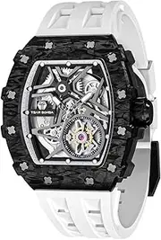 TSAR BOMBA Luxury Automatic Mechanical Watches for Men - Carbon Fiber Bezel - Japanese Movement Sapphire Glass - 50M Waterproof Men's Watch - Square Wrist Watch Silicone Band Luminous - Gifts for Men, Carbon Fiber-White, Mechanical