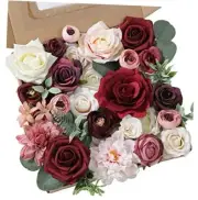 Artificial Flowers Combo Set Fake Flower Leaf Box with Stems for DIY Burgundy