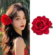 Large Red Flower Hairclip Headpiece Red Rose Flower Hair Clip Big Floral Hair Pins Rose Flower Brooch Bridal Barrette Headpiece Head Clip Two Way Jewelry for Women (Red, One size)