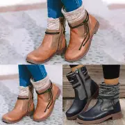 Ladies Casual Retro Old Wool Side Zipper Splicing Chunky Heel Large Size Ankle