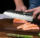 Japanese Santoku Knife 3 Layers Clad Steel Wood Handle Hammered Chef Slicing Cut