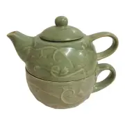 Pier 1 Tea One 3 Pc. Stoneware Teapot & Cup Set Raised Design Sage Green.