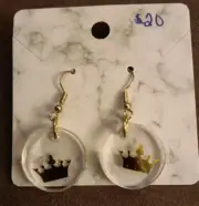 *Handmade Resin Earrings* Clear With Gold Crowns, Gold Metal, Circle Shape, Hook