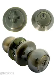 Entry Entrance Antique Brass Door Round Knob with Single Cylinder Deadbolt Locks