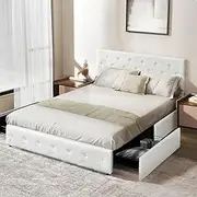 Levede Queen Bed Frame Platform Tufted Adjustable Headboard 4 Storage Drawers Bedroom Room Decor Home Furniture, Mattress Base, Reinforced Slats, 300kg Capacity(212 cm x 164cm x 30cm, Cream)