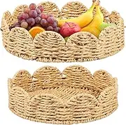 GOKENA Scalloped Tray Scalloped Edge Round Wicker Tray Decorative Scalloped Basket Tray Wicker Coffee Tray Handwoven Rattan Tray Seagrass Rattan Tray for Home Kitchen Farmhouse Tea Room