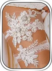 [Campsis] White Garter for Bride Lace Pearl Garter Set Flower Crystal Wedding Leg Garter for Women, White-a