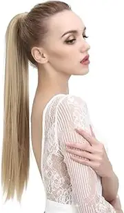 Wig long ponytail women's long straight hair synthetic fiber natural matte silk wrapped ponytail braid (Brown 27H613, 32 inch)