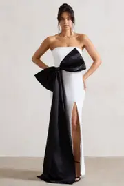 Sincerely | White Bandeau Split Maxi Dress With Oversized Black Bow