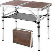 YihuiKo Small Folding Table, 3 Adjustable Heights Foldable Table, Camping Table, Outdoor Folding Table with Storage Mesh Layer, Portable Table for BBQ, Patio, Garden and Indoor (Brown)